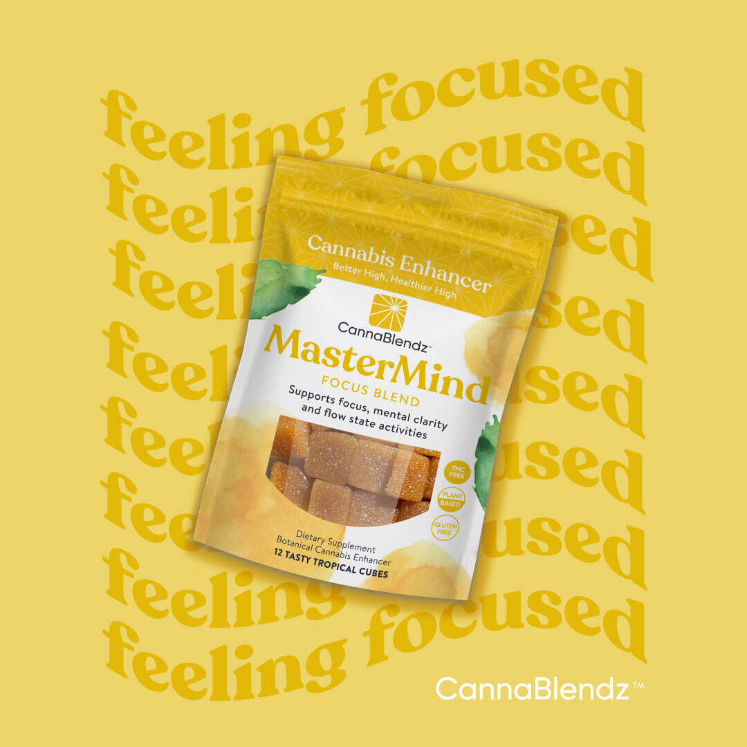 CannaBlendz MasterMind pouch on a yellow “feeling focused” background