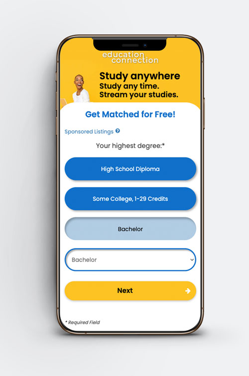Step-by-step mobile form on the Education Connection landing page