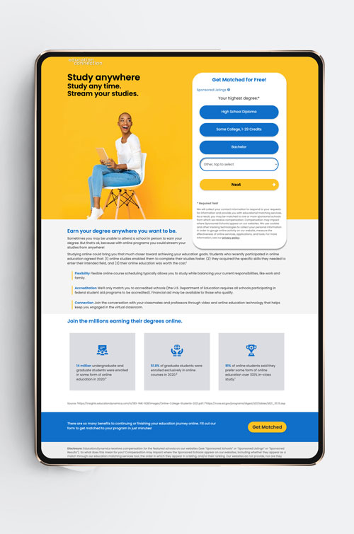 Education Connection landing page redesign on a tablet