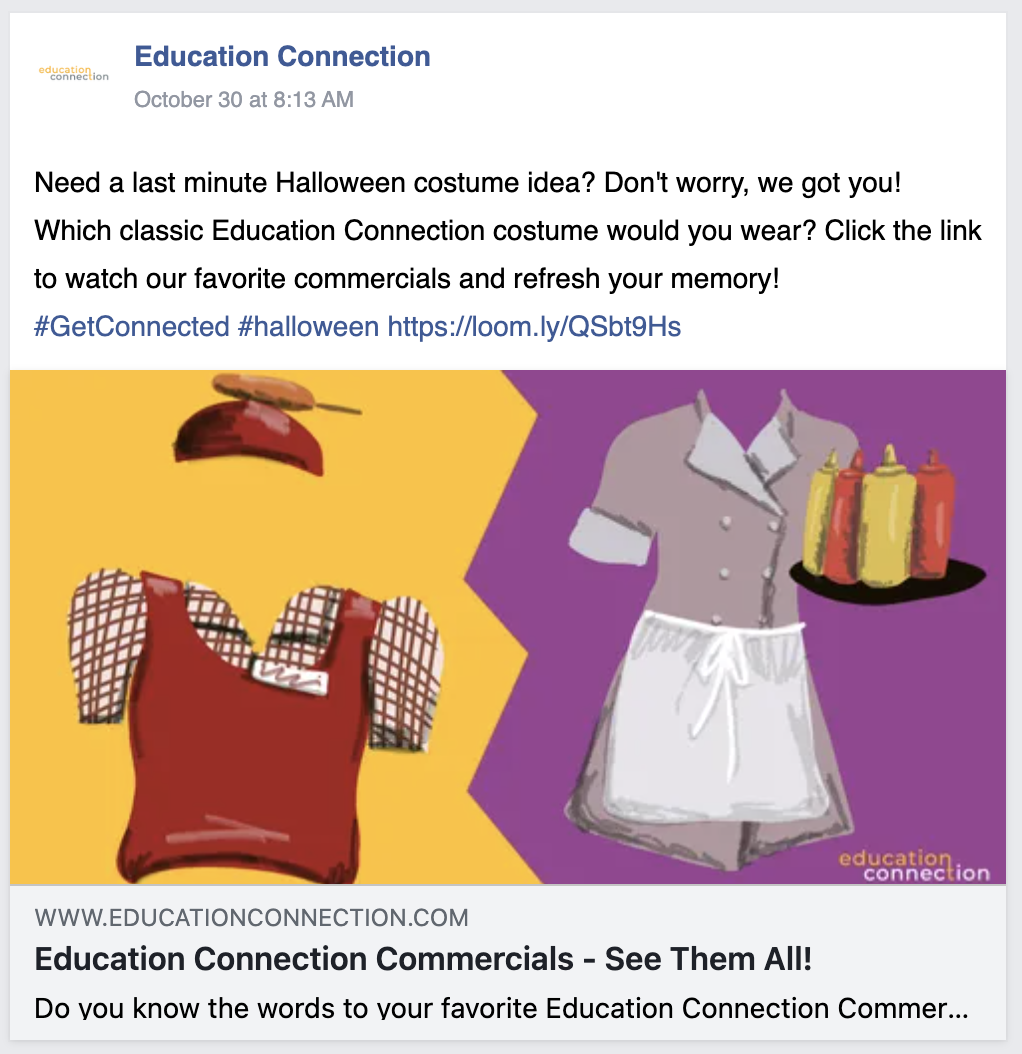 Education Connection Halloween post featuring costumes from its legacy commercials