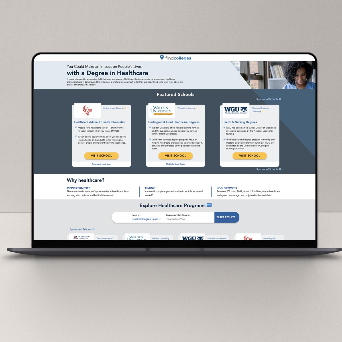 Healthcare degree listings page from the exclusive ad product