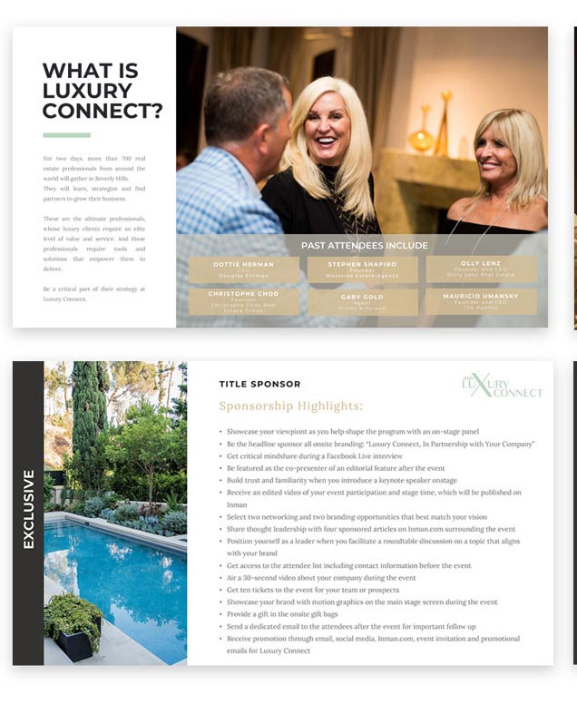 Luxury Connect sponsorship deck: “What is Luxury Connect?” and title sponsor pages