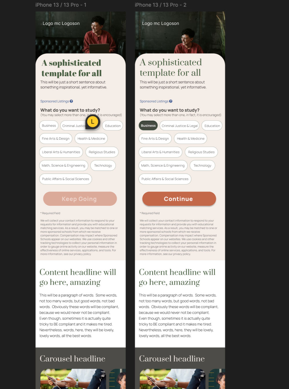 Mobile form flow prototype, two steps side by side