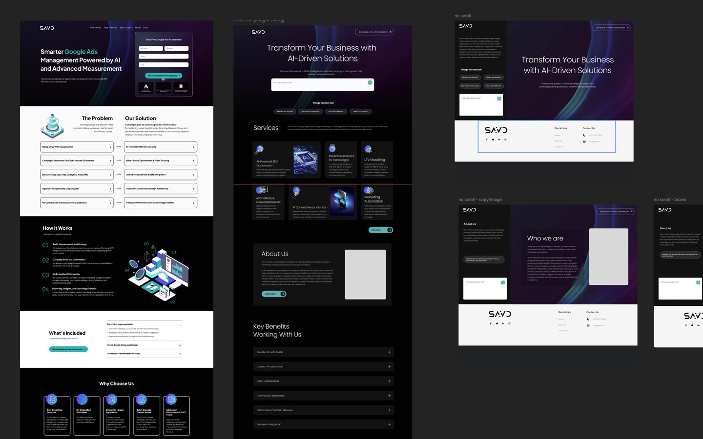 Saved.ai marketing platform landing and page designs