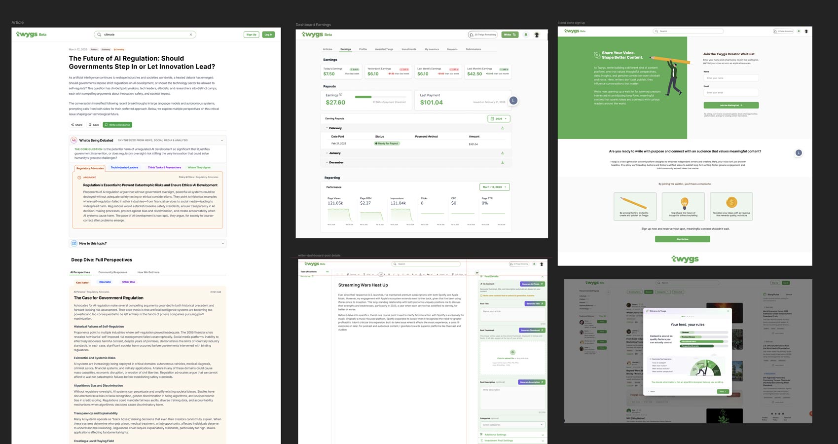 Twygs app screens: article view, dashboard and onboarding